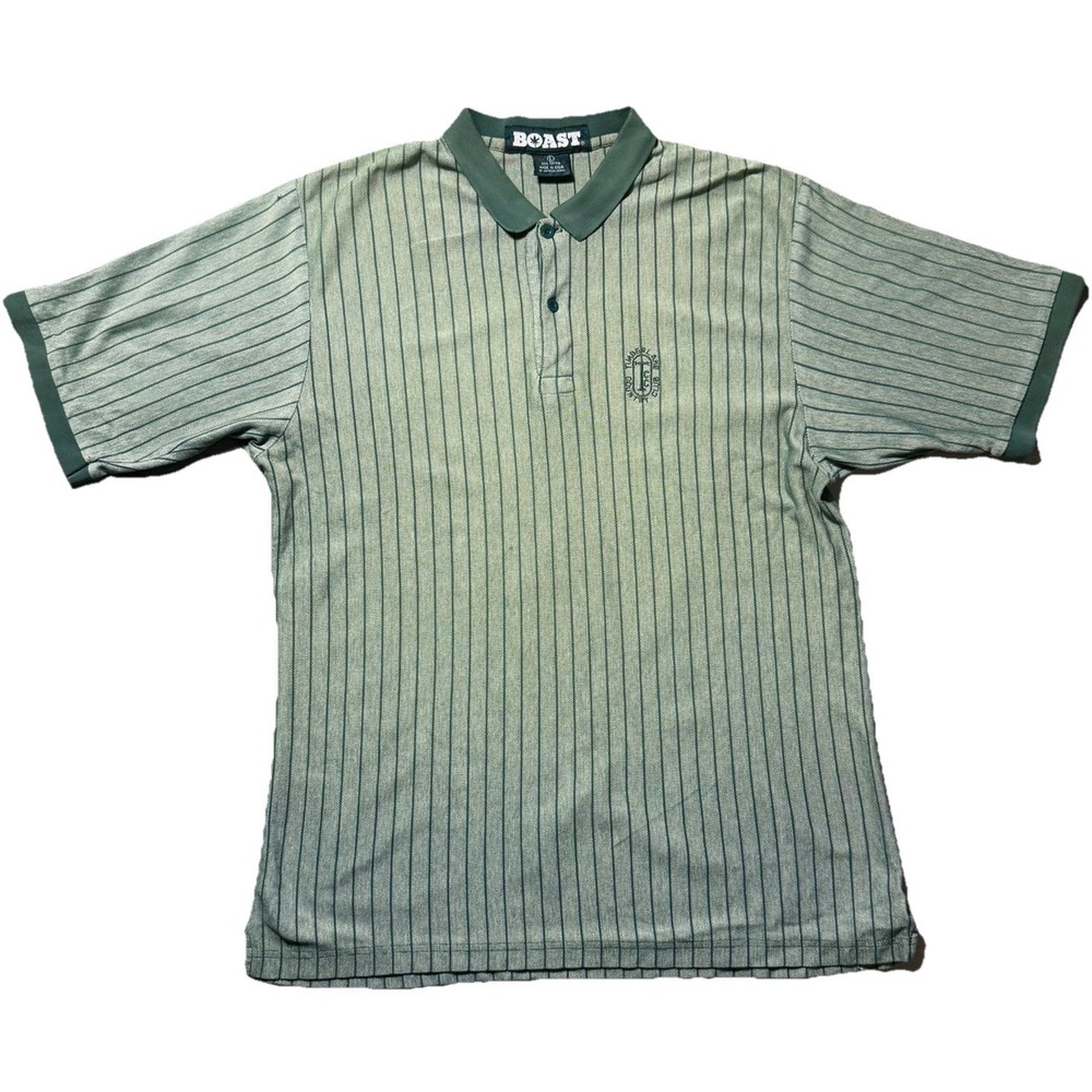 BOAST USA Made Green Pinstripe‎ Polo Shirt Large Cotton Tennis Country Club